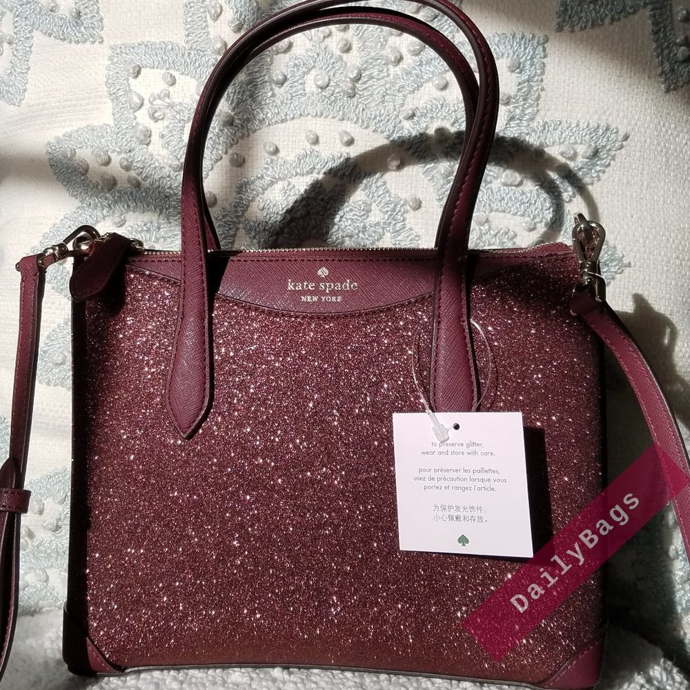 SHIMMY GLITTER IN DEEP NOVA SATCHEL KATE SPADE CROSSBODY BURGUNDY SPARKLES SUN - Picture 2 of 10